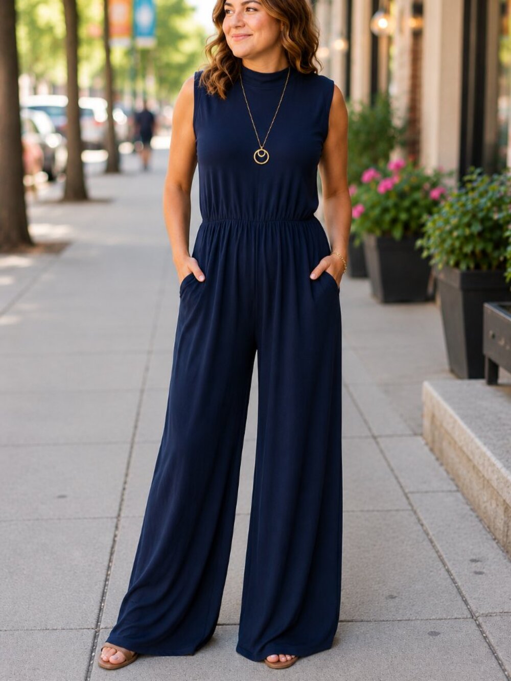 PrettyGarden Womens Mock Neck Jumpsuit Size 2XL XXL Navy Blue Wide Leg NWT NEW!